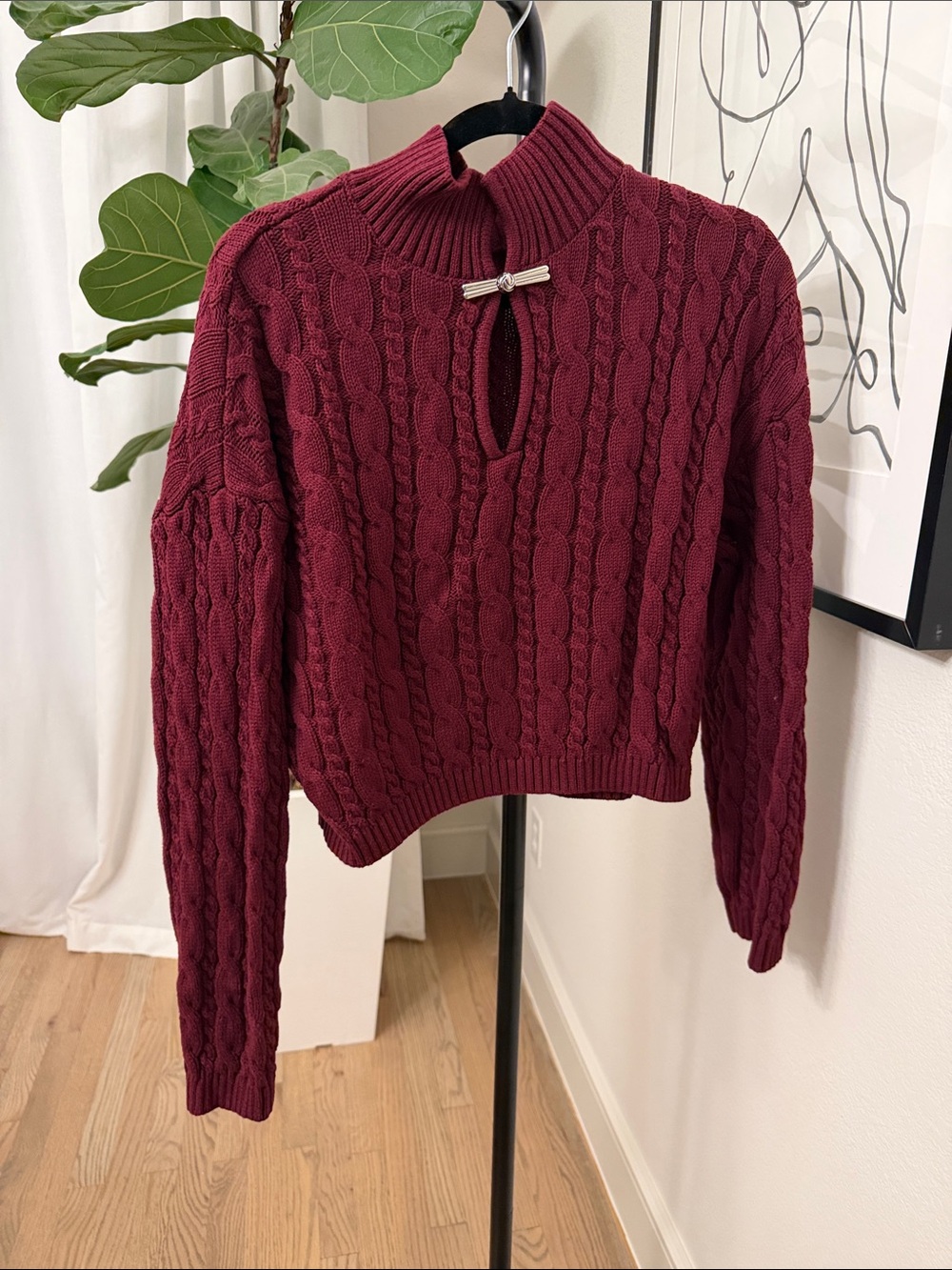 Commense Women’s Cable Knit Mock Neck Sweater - Burgundy (large)